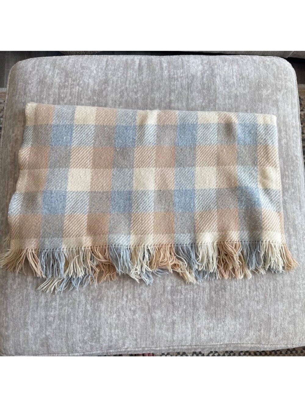 Vintage Pendleton Wool Blanket Fringed Plaid Beige Blue Cream Throw 60"x70"